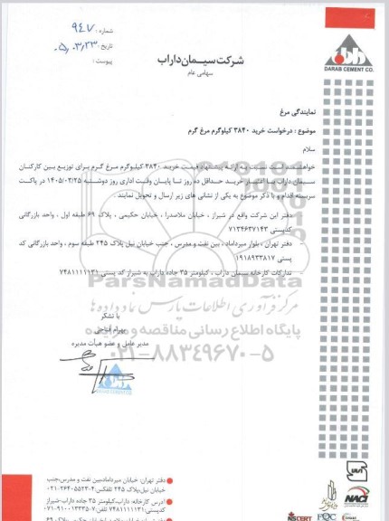 استعلام خرید 3840 کیلوگرم مرغ گرم