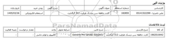 استعلام الکترونیکی، کارت حافظه سن دیسک ظرفیت 512 گیگابایت