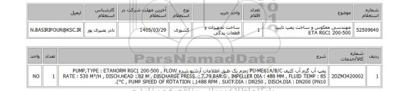 استعلام مهندسی معکوس و ساخت پمپ تایپ ETA RGC1 200-500