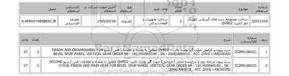 استعلام ساخت مجموعه دنده های گیربکس کولینگ تاور /تایپ: QVRD2