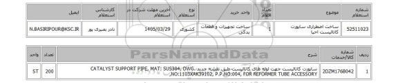 استعلام ساخت اضطراری ساپورت کاتالیست احیا