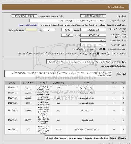 استعلام ظروف یکبار مصرف، پلاستیک و سلفون مورد نیاز واحد بسته بندی کشتارگاه