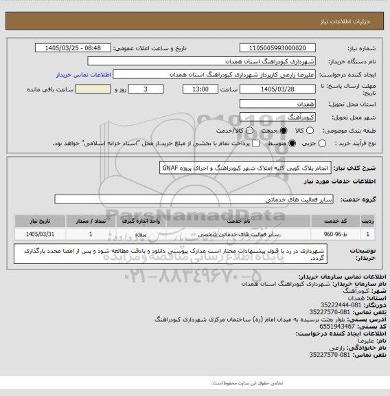 استعلام انجام پلاک کوبی کلیه املاک شهر کبودراهنگ و اجرای پروژه GNAF