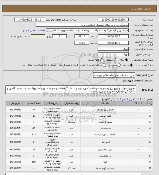 استعلام خرید تجهیزات موتورخانه مطابق پیوست