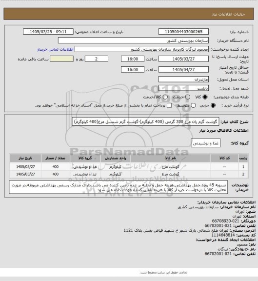 استعلام گوشت گرم ران مرغ 300 گرمی (400 کیلوگرم)-گوشت گرم شنسل مرغ(400 کیلوگرم)