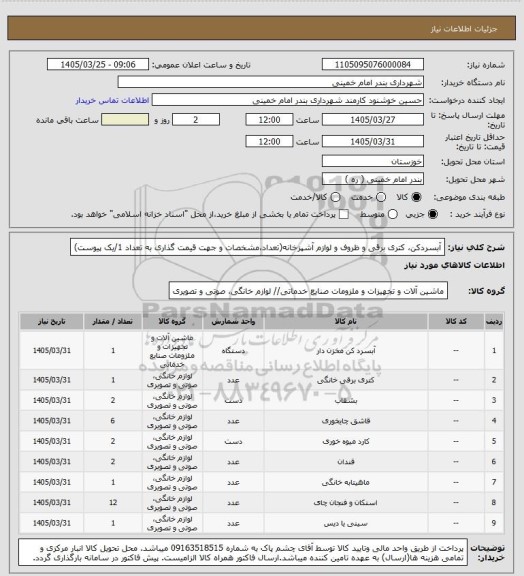 استعلام آبسردکن، کتری برقی و ظروف و لوازم آشپزخانه(تعداد،مشخصات و جهت قیمت گذاری به تعداد 1/یک پیوست)