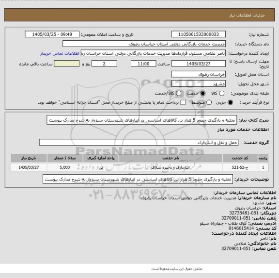 استعلام تخلیه و بارگیری حدود 5 هزار تن کالاهای اساسی در انبارهای شهرستان سبزوار به شرح مدارک پیوست
