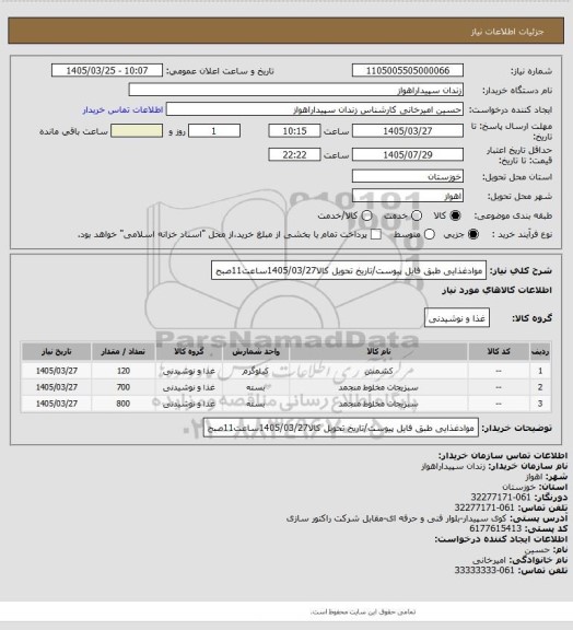 استعلام موادغذایی طبق فایل پیوست/تاریخ تحویل کالا1405/03/27ساعت11صبح