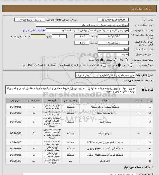 استعلام خرید،نصب،اجراو راه اندازی لوازم و تجهیزات پایش تصویری