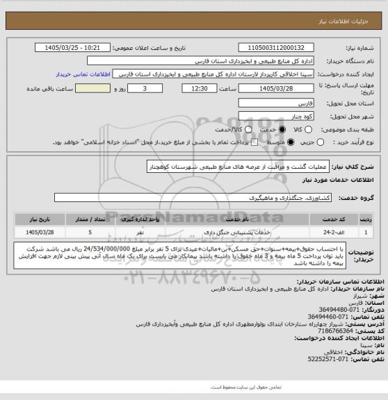 استعلام عملیات گشت و مراقبت از عرصه های منابع طبیعی شهرستان کوهچنار
