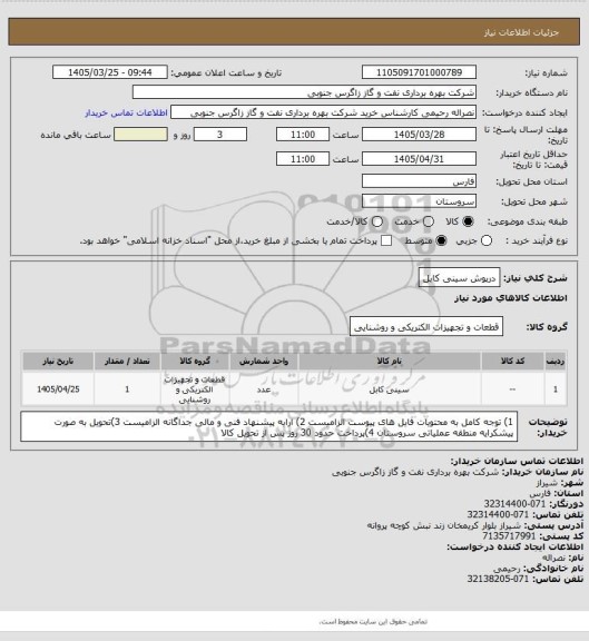 استعلام درپوش سینی کابل