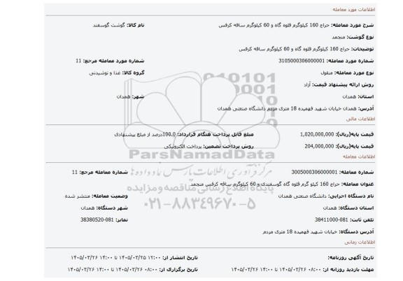 مزایده، حراج 160 کیلوگرم قلوه گاه و 60 کیلوگرم ساقه کرفس