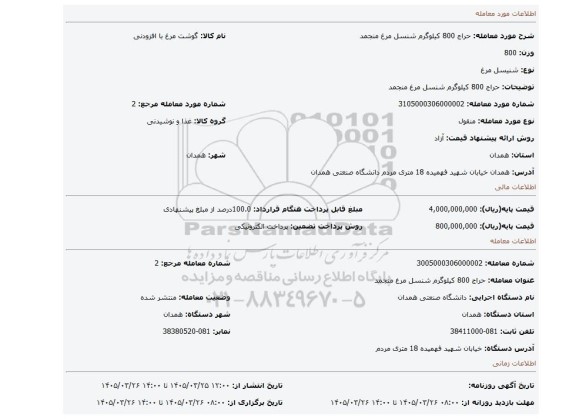 مزایده، حراج 800 کیلوگرم شنسل مرغ منجمد