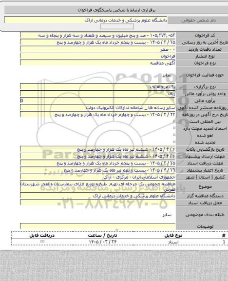 مناقصه, مناقصه عمومی یک مرحله ای تهیه٬ طبخ و توزیع غذای بیمارستان والفجر شهرستان تفرش