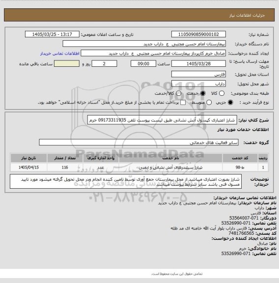 استعلام شارژ اعتباری کپسول آتش نشانی طبق لیست پیوست تلفن 09173311935 خرم