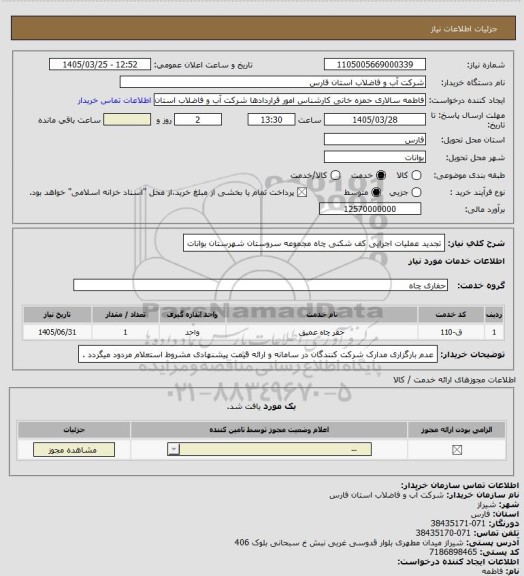 استعلام تجدید عملیات اجرایی کف شکنی چاه مجموعه سروستان شهرستان بوانات