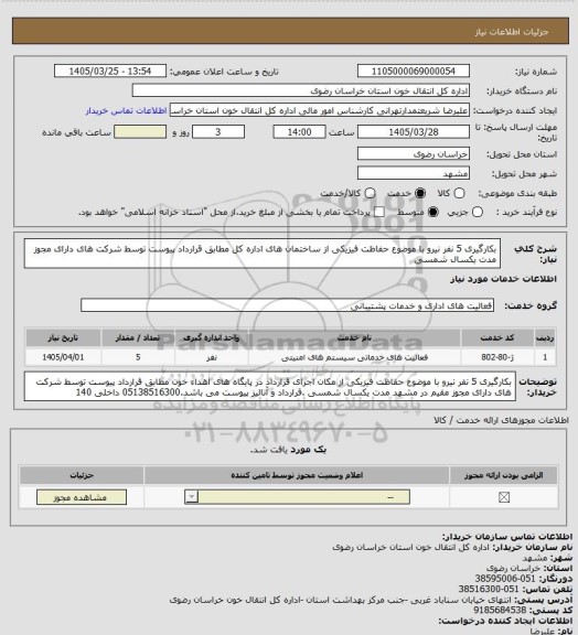 استعلام بکارگیری 5 نفر نیرو با موضوع حفاظت فیزیکی از ساختمان های اداره کل مطابق قرارداد پیوست توسط شرکت های دارای مجوز مدت یکسال شمسی