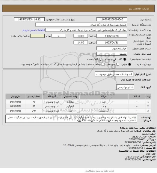 استعلام قند چای آب معدنی طبق درخواست