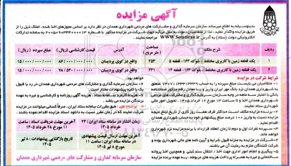مزایده واگذاری املاک، یک قطعه زمین با کاربری مختلط...