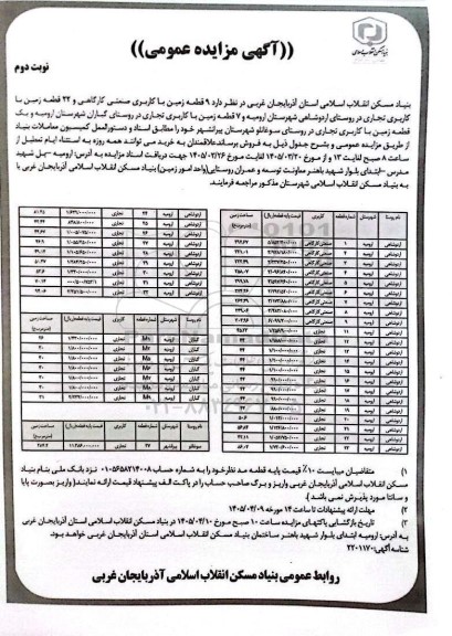 مزایده فروش 9 قطعه زمین با کاربری صنعتی کارگاهی و 22 قطعه زمین با کاربری تجاری و... نوبت دوم 