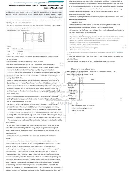 تمدید مناقصه Molybdenum Oxide Tender 1405 06-1,300 MT-FOB ...
