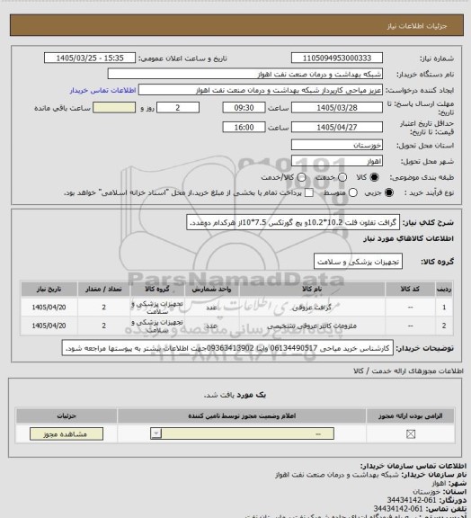 استعلام گرافت تفلون فلت 10.2*10.2و پچ گورتکس 7.5*10از هرکدام دوعدد.
