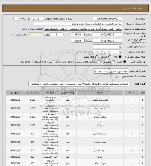 استعلام مواد شوینده طبق لیست پیوست ، سایت ستاد