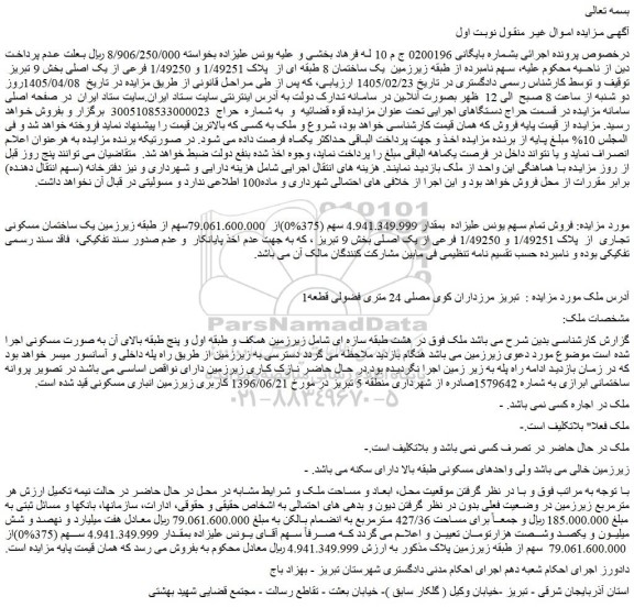 مزایده یک ساختمان 8 طبقه ای از  پلاک 1/49251 و 1/49250 فرعی از یک اصلی