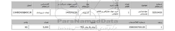 استعلام موادغذایی وپذیرایی