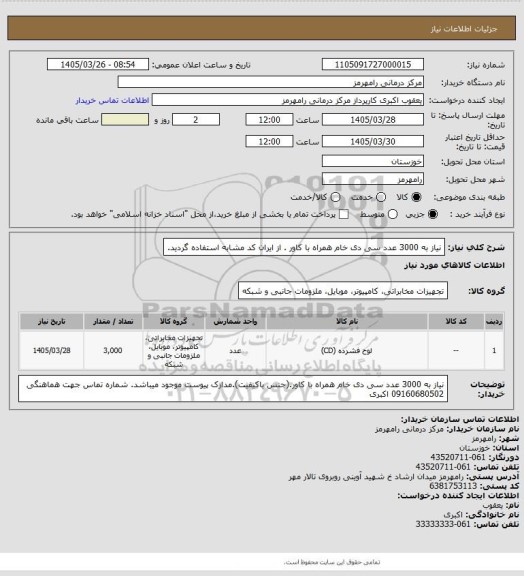 استعلام نیاز به 3000 عدد سی دی خام  همراه با  کاور  .  از ایران کد مشابه استفاده گردید.