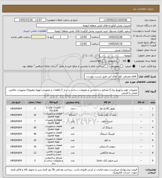 استعلام اقلام مصرفی کولر های آبی طبق لیست پیوست.