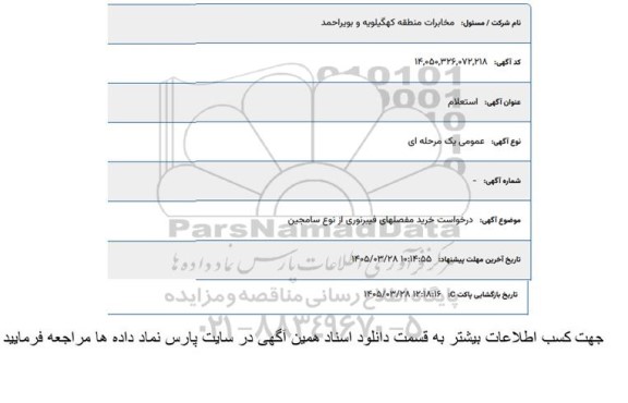 استعلام درخواست خرید مفصلهای فیبر نوری از نوع سامجین