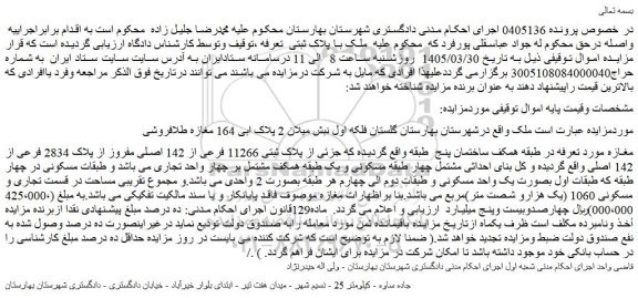 مزایده مغازه پلاک ثبتی 11266 فرعی از 142 اصلی مفروز از پلاک 2834 فرعی از 142 اصلی