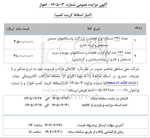 مزایده تعداد 347 دستگاه انواع قطعات و ابزار آلات و ...