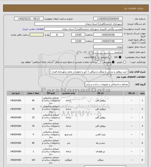 استعلام خرید پروفیل و نبشی و میلگرد و تیرآهن ( خیر و تحویل در محل شهرداری قیدار )