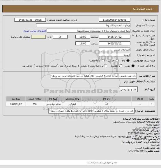 استعلام قند خرد شده در بسته های 5 کیلویی (300 کیلو) پرداخت 6 ماهه تحویل در محل
