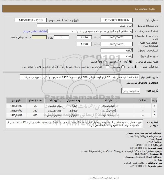 استعلام ایران کدمشابه:فلفل دلمه 25 کیلو،گوجه فرنگی 360 کیلو،بادمجان 420 کیلو،مرغوب و باکیفیت مورد نیاز میباشد.