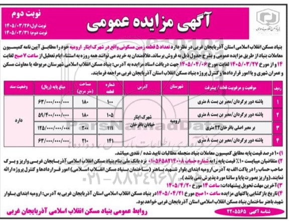 مزایده تعداد 5 قطعه زمین مسکونی - نوبت دوم