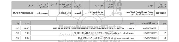 استعلام صفحه تیپ K/صفحه اتصال/بیس پلیت(اضطراری)متریال فورج