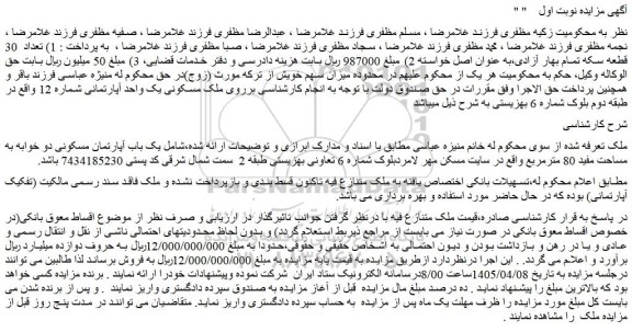 مزایده یک باب آپارتمان مسکونی دو خوابه به مساحت مفید 80 مترمربع