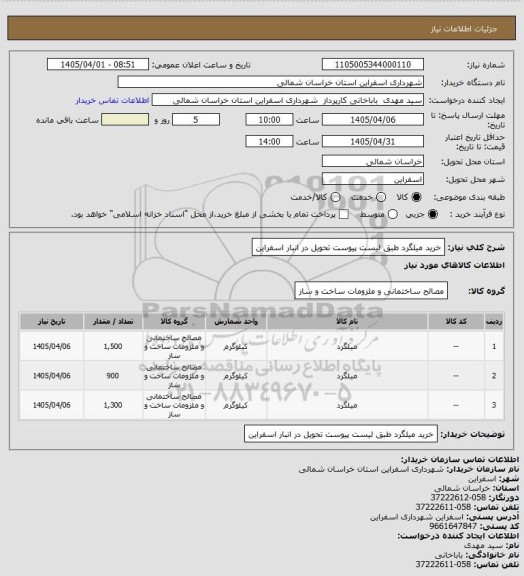 استعلام خرید میلگرد طبق لیست پیوست تحویل در انبار اسفراین
