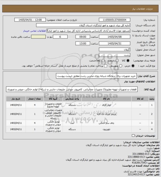 استعلام خرید تجهیزات برای درمانگاه شبانه روزی صابرین رشت مطابق لیست پیوست
