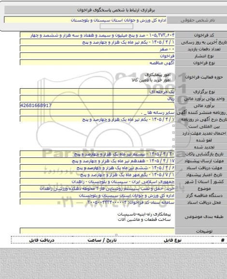 مناقصه, خرید٬ حمل و نصب سیستم روشنایی فاز ۲ محوطه دهکده ورزشی زاهدان