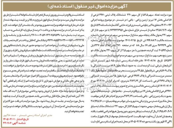  مزایده تعداد سهم 52.5 از کل سهم 330 ششدانگ پلاک ثبتی 2970 فرعی از 51 اصلی 