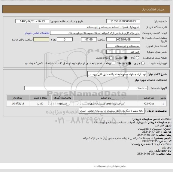 استعلام نوسازی جداول مدفون محله بگان طبق فایل پیوست
