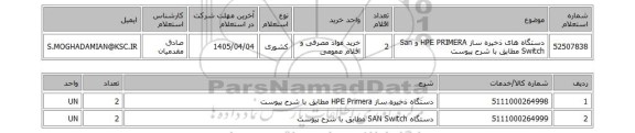 استعلام دستگاه های ذخیره ساز HPE PRIMERA و San Switch مطابق با شرح پیوست