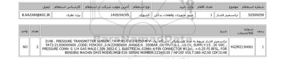 استعلام ترانسمیتر فشار