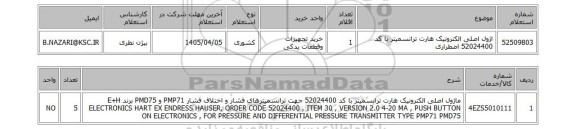 استعلام اژول اصلی الکترونیک هارت ترانسمیتر با کد 52024400 اضطراری