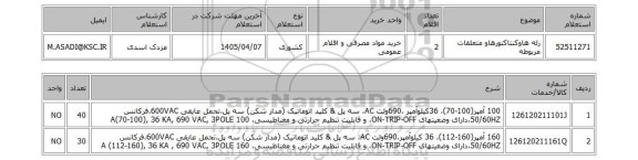 استعلام رله هاوکنتاکتورهاو متعلقات مربوطه