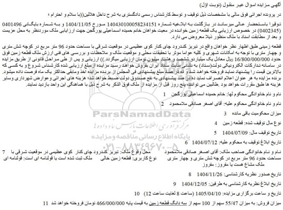 مزایده یک قطعه زمین